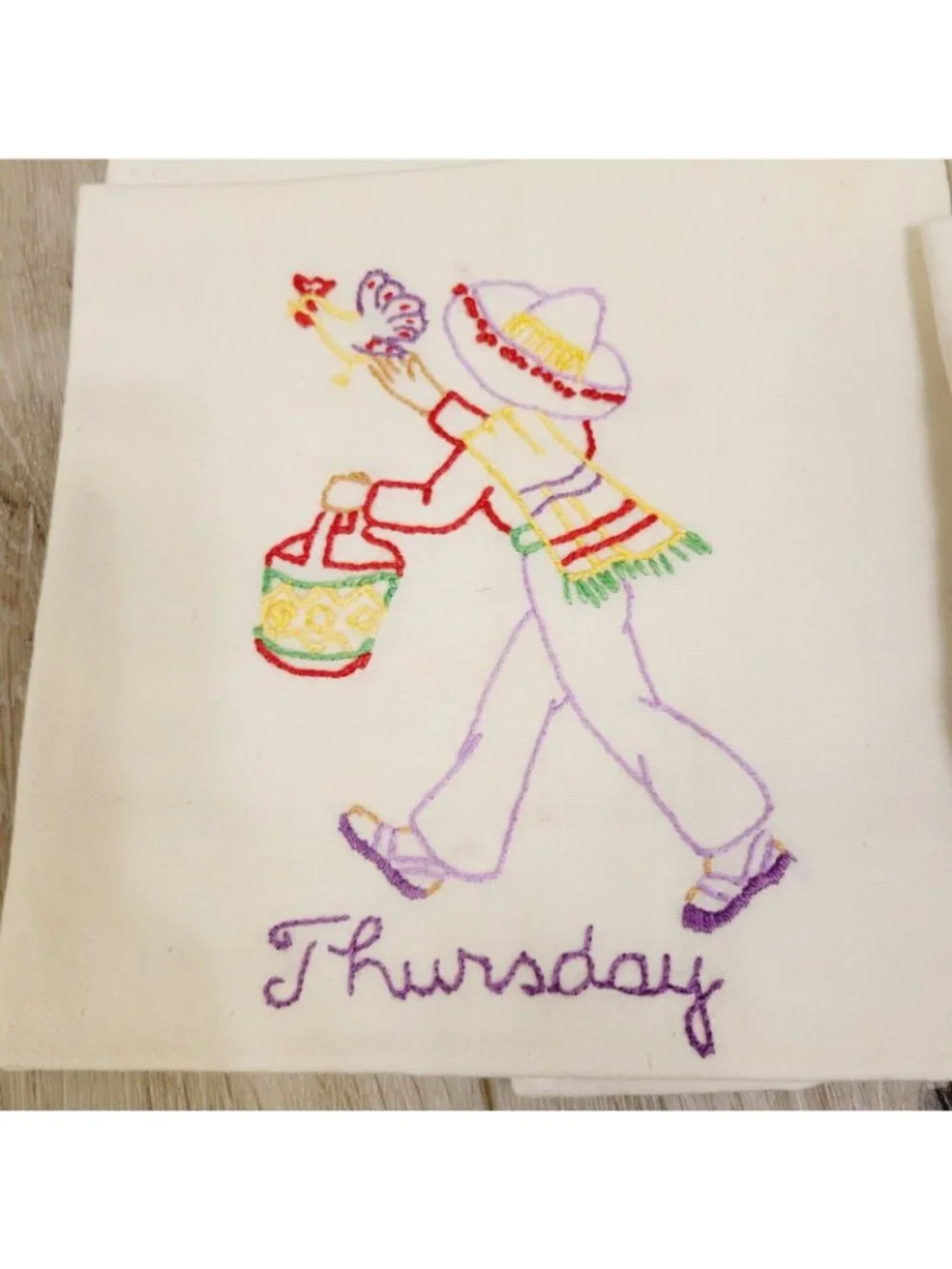 4 Hand-Embroidered Mexican Days Of The Week Tea Towels Cotton